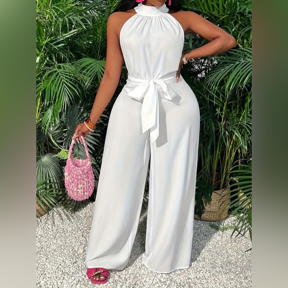 Vibrant Solid Color Halter Neck Jumpsuit - Elegant Sleeveless, Belted,